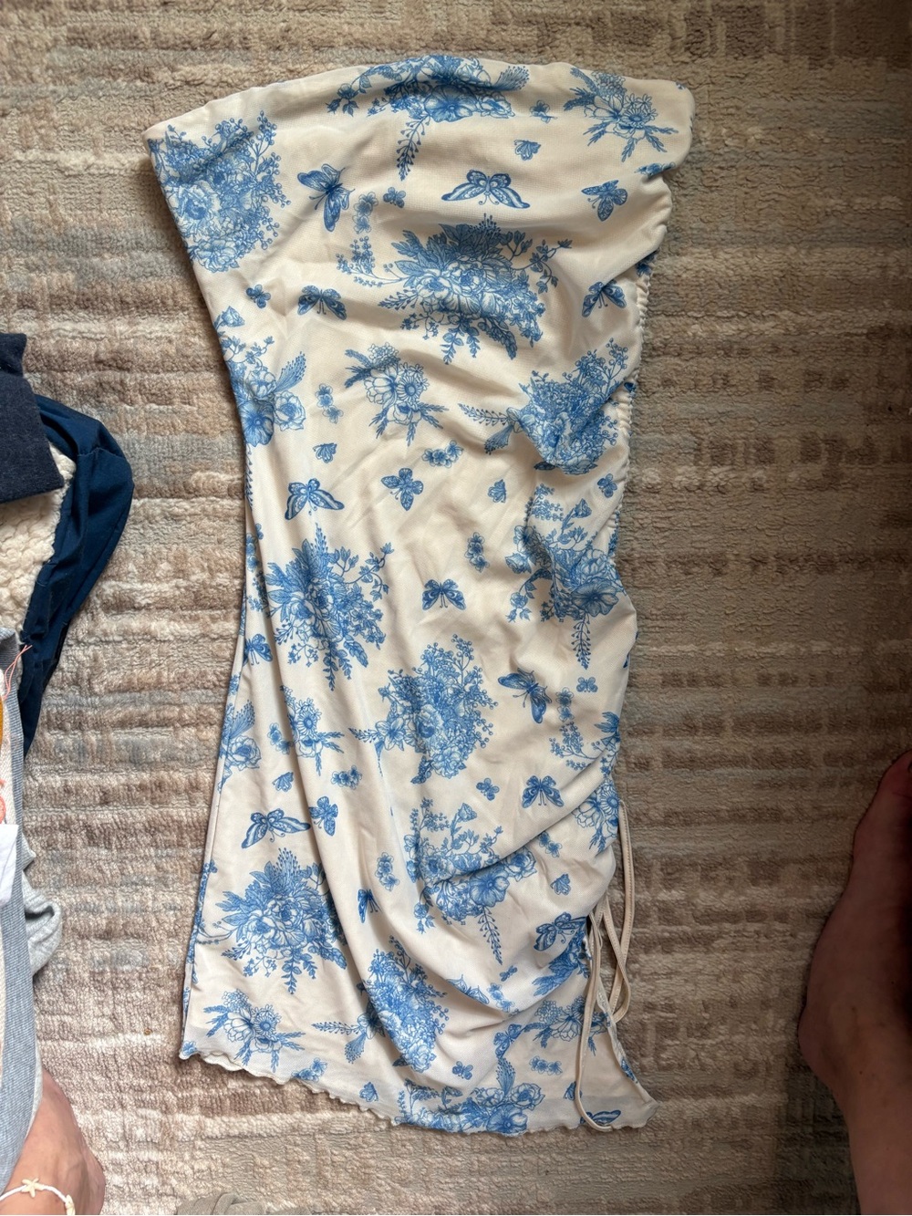 Blue Floral Midi Tube Skirt with Side Ruched Detail